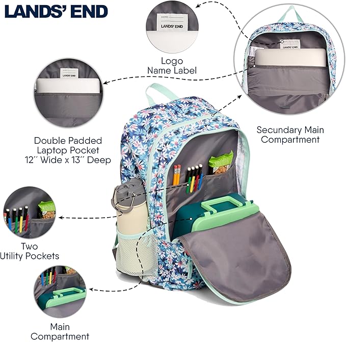 Lands' End Unisex Kids Large ClassMate Lightweight Durable Elementary School Backpack, Peacock