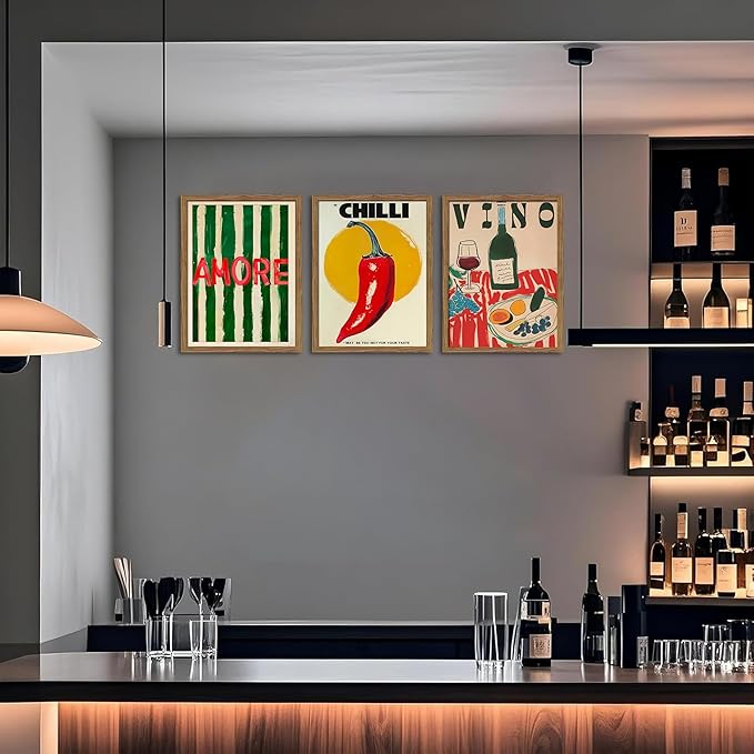 Framed Kitchen Wall Art Set of 3, Abstract Table Food Kitchen Wall Decor, Chilli Pictures Prints Artwork, Vintage Dining Room Canvas Painting, Modern Kitchen Home Decoration – 12x16 inch