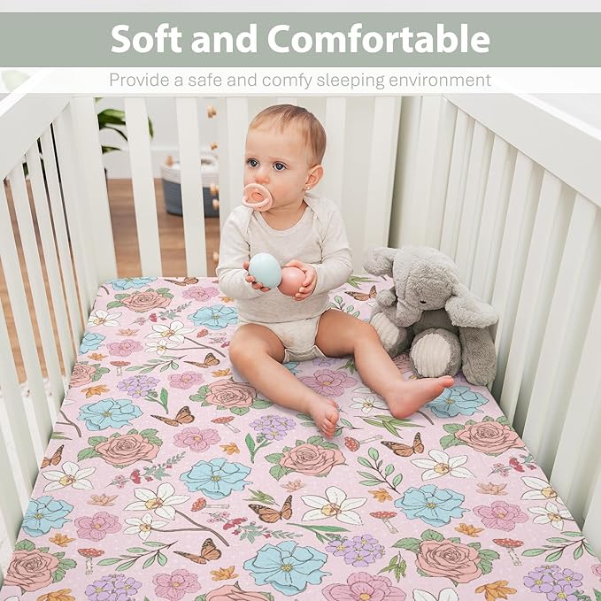 Vintage Wildflowers Baby Crib Sheets for Boy Girl 28"x52" Pink Floral Leaves Mushroom Butterflies Soft Snug Fitted Crib Mattress Cover Spring Garden Baby Sheet for Standard Crib and Toddler Mattress