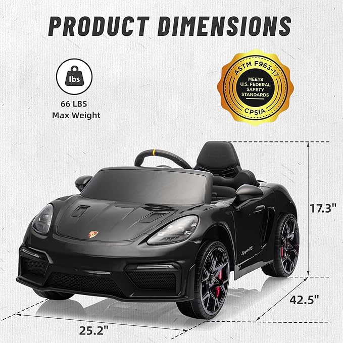 First Ride On Licensed Porsche 718 12V Electric Car for Kids, Ride on Toys for Toddler, Child Ride on Car w/Parent Remote, Led Lights, Openable Doors, MP3 Player, Smooth Start, 3 Speeds (Black)
