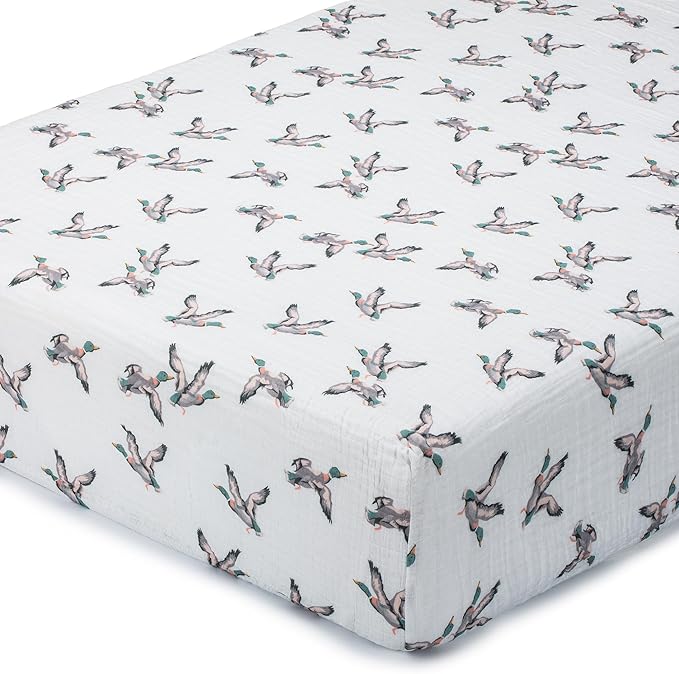 LollyBanks Muslin Crib Sheet 1 Pack, 100% Cotton Soft and Breathable Fitted Crib Sheet for Boys and Girls, Cozy and Snug Neutral Baby Sheets for Standard 52 x 28 inches Mattress (Mallard Duck Print)