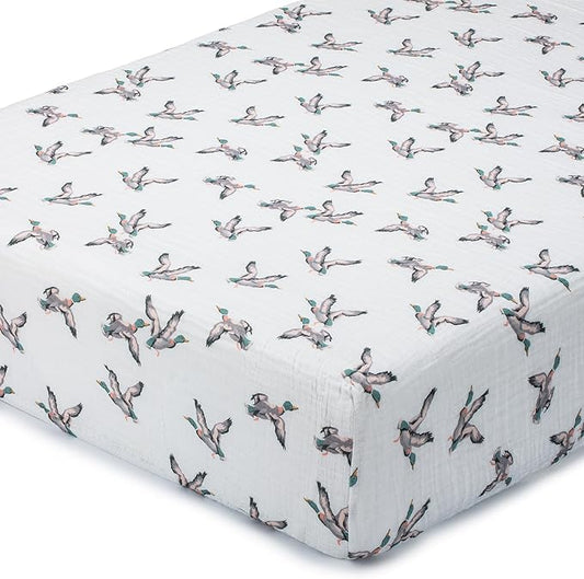 LollyBanks Muslin Crib Sheet 1 Pack, 100% Cotton Soft and Breathable Fitted Crib Sheet for Boys and Girls, Cozy and Snug Neutral Baby Sheets for Standard 52 x 28 inches Mattress (Mallard Duck Print)