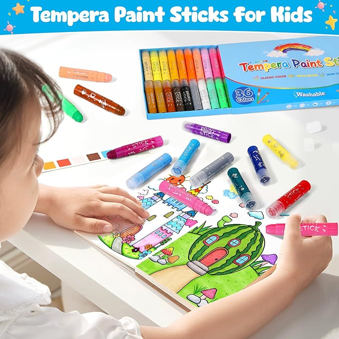 Tempera Paint Sticks For Kids, 36 Assorted Colors Washable Paint Set, Quick Drying Art Supplies for Toddlers and Kids, Ideal Christmas Basket Stuffers for Kid Toddler 1-3 2-4