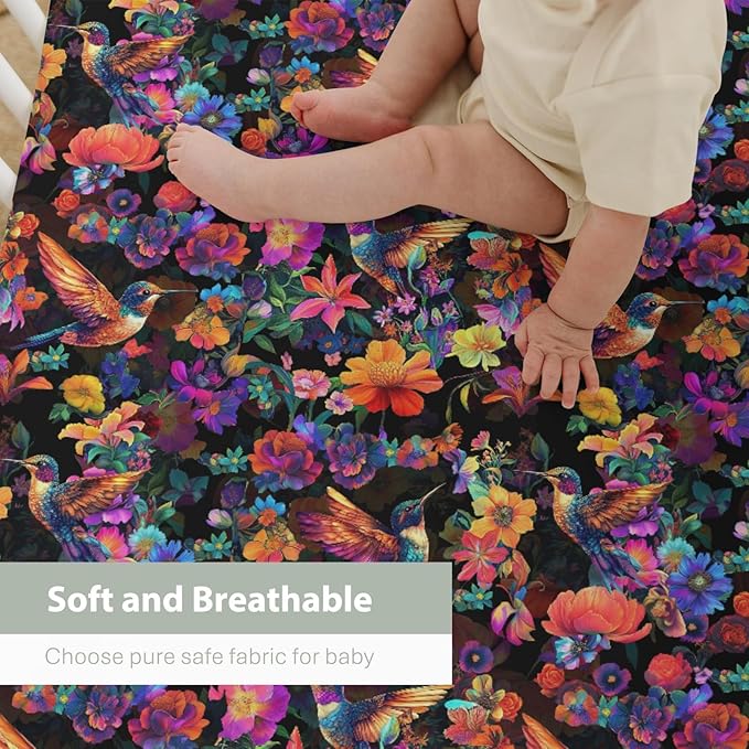 Garden Hummingbirds Blossom Baby Crib Sheets for Boy Girl 52x28Inch Tropical Birds Floral Soft Stretchy Fitted Crib Mattress Cover Colorful Spring Baby Sheet for Crib & Toddler Bed Mattresses