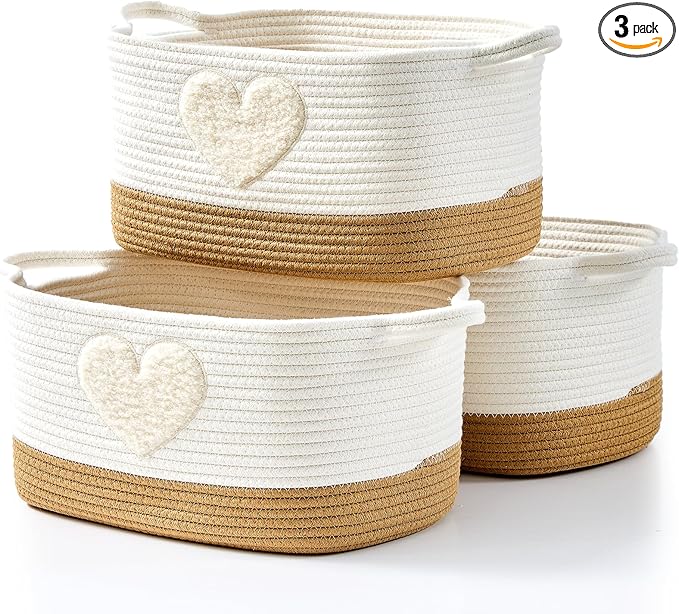 BUBUSUN Storage Bins Woven Baskets for Storage Set of 3, Cotton Rope Basket with Handles for Toys/Shelves/Laundry, Rectangle Multi-Purpose Organizer for Living Room, Bedroom, Nursery (Heart)
