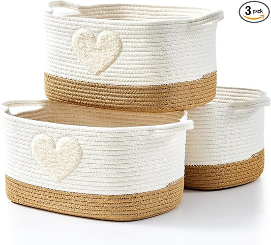 BUBUSUN Storage Bins Woven Baskets for Storage Set of 3, Cotton Rope Basket with Handles for Toys/Shelves/Laundry, Rectangle Multi-Purpose Organizer for Living Room, Bedroom, Nursery (Heart)