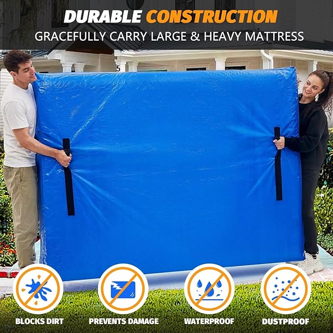 Mattress Bags for Moving, BETU Mattress Protector Waterproof Mattress Cover King Size Storage Bags with 8 Heavy-Duty Handles and Zipper for Bed Extra Thick Large Reusable (82"x79"x15" Blue)