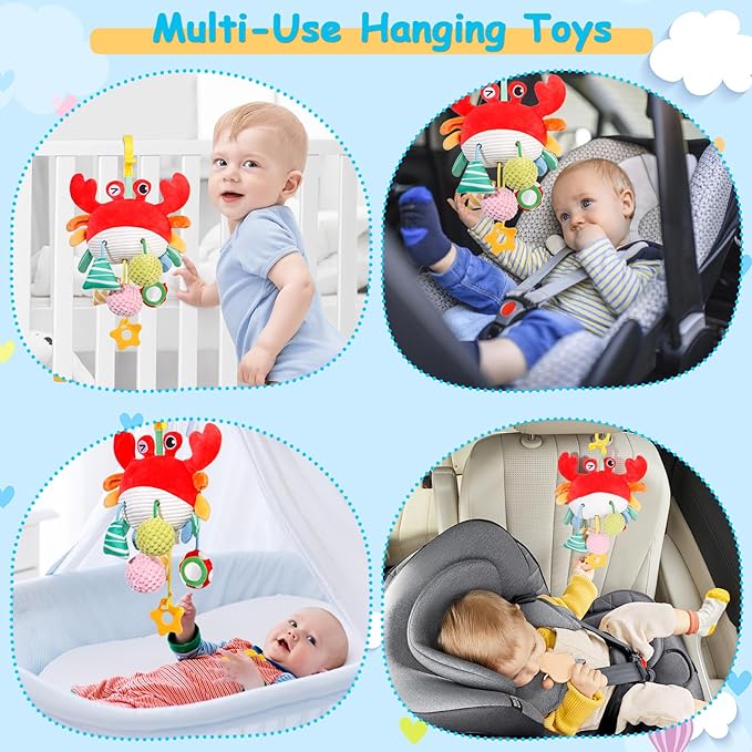 Car Seat & Stroller Toys for Babies 0-6 Months, Crab Baby Car Seat Toys for Boys Girls, Infant Newborn Stroller Toys with Beep, Mirror, Small Bell, Baby Teether, and Soft Ball for Ages 0 Months and Up