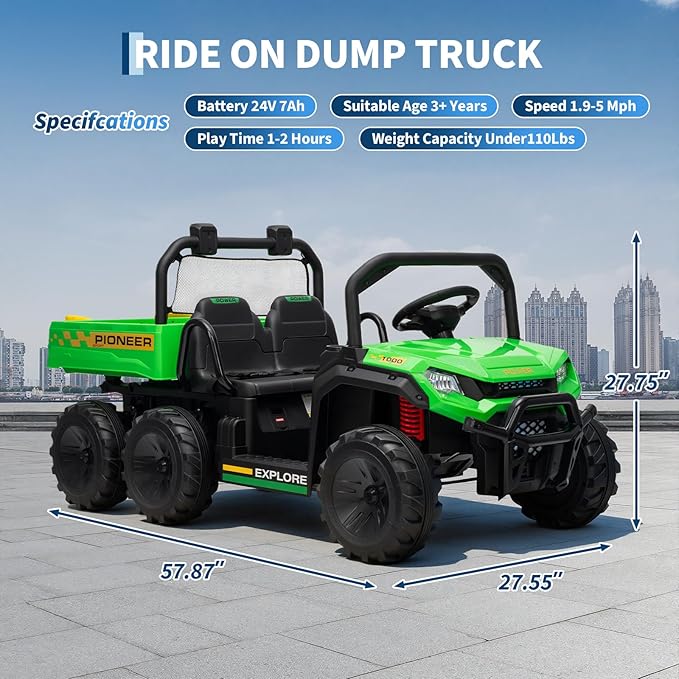 24V 4WD Electric Ride-on Dump Truck for Kids, 2-Seater with Parental Remote Control, 3 Speeds, All-Terrain Off-Road Toy Car for Boys Girls, Green