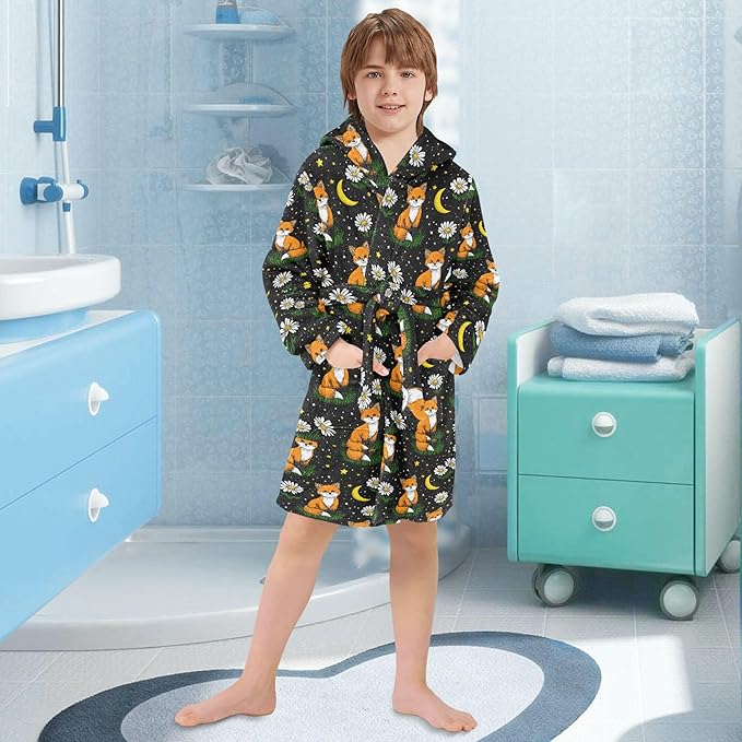 Fox Floral Cute Stars Bathrobe Hooded PJ Robe Soft Fleece Robe Pajama Sleepwears 2-12 Years