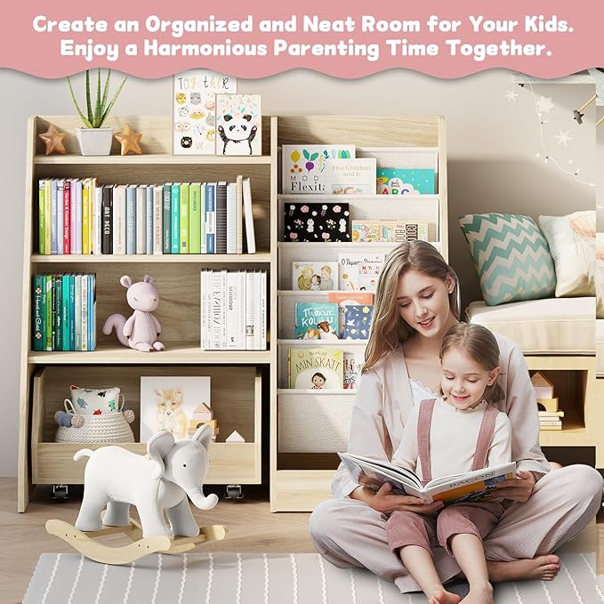 COZPAW Kids Bookshelf and Toy Storage, 4 Tier Toddler Bookshelf with Movable Drawer 5 Sling Pockets, Montessori Book Shelf for Kids Room, Playroom, Nursery (Oak)