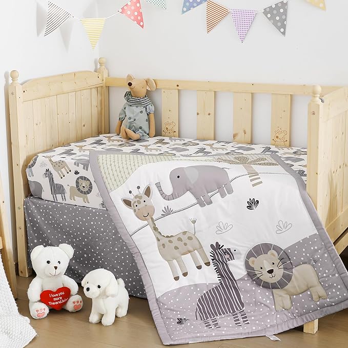 3 Pcs Baby Crib Bedding Set Safari Animals Elephant Zebra Lion Giraffe Neutral Crib Set Includes Quilt, Fitted Sheet, Skirt for Baby Boy Girl(Light Blue)
