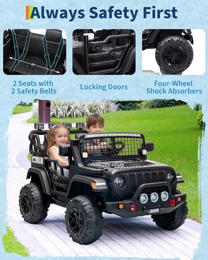 2 Seats 24V Kids Electric Ride on Car with Remote Control, 20" Large Seat with 2 Safety Belts, Two 200W Battery Powered Electric Vehicle for 3+ Years, LED Light,Music,Horn,USB Port, Riding Toy,Black