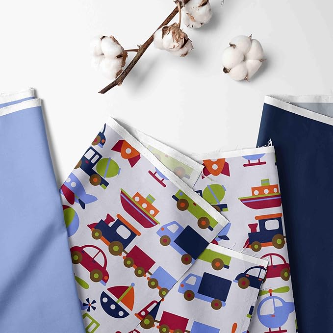 Bacati - Transportation Blue 4 Piece Boys Toddler Bedding Set 100 Percent Cotton Includes Reversible Comforter, Fitted Sheet, Top Sheet, and Pillow Case for Boys