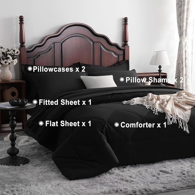NTBAY King Comforter Set with Sheets, 7 Pieces Soft and Breathable King Bedding Set, Bed in a Bag, Down Alternative Comforter Set Solid Color All Season, King Bedding Set, Black