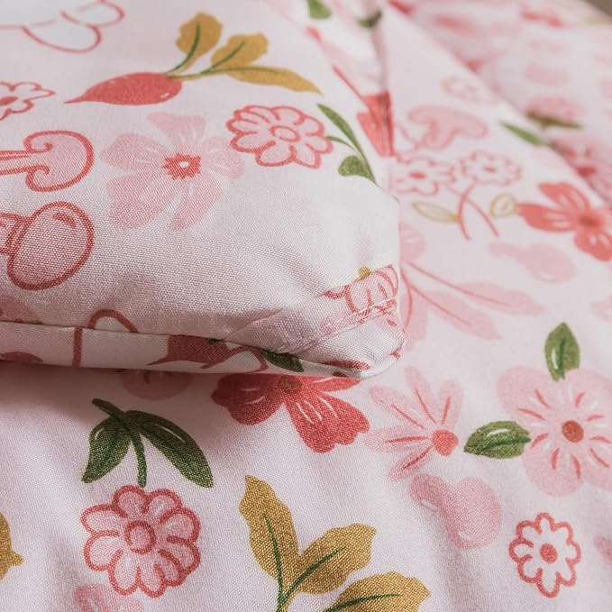 Caressma Twin Size 5 Pieces Pink Comforter Set, Lovely Rabbit Pattern Kids Bedding Set in a Bag with Floral Comforter, Fitted Sheet, Flat Sheet, Pillow Case & Pillow Sham