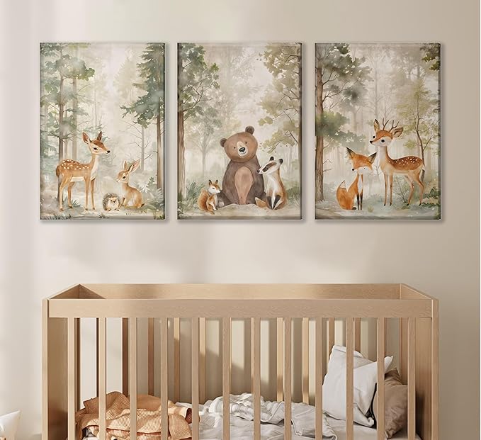 MIZILI 3Pcs Woodland Animal Nursery Canvas wall art Wild Animals Forest Paintings Pictures Wall Decor Fox Bear Deer Watercolor Poster Printing Artwork for Boys Room Girls Room Home Decoration