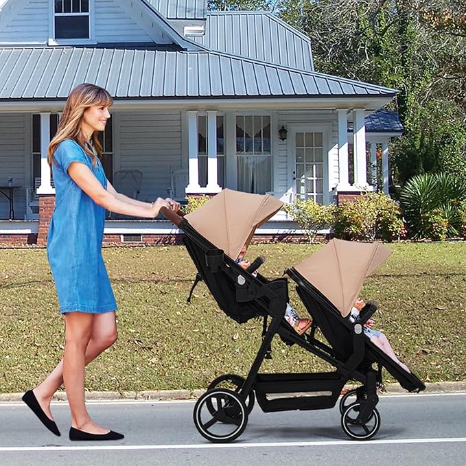 Tandem Double Stroller Newborn and Toddler, Foldable Twin Stroller with Reversible Seat, 5-Point Safety Harness, Adjustable Backrest & Canopy, Storage Basket