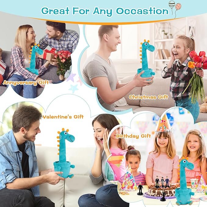 Dancing Talking Giraffe Toy, Stuffed Animal Baby Toy Repeating What You Say, Glowing Musical Electronic Giraffe Gifts for Toddlers 1-3 Years Old (Dancing Dinosaur)