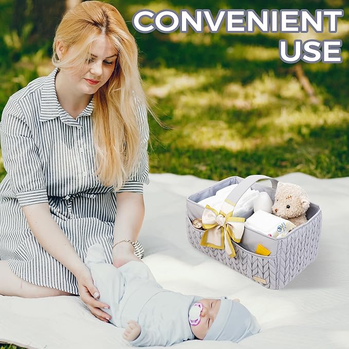 LUKJOJO Luxurious Baby Diaper Caddy, Nursery Storage Basket for Newborn Boy and Girl, Travel Baby Basket for Diapers Baby Wipes, Organizer Tote Bag Storage Bin, Baby Shower Gifts (light gray)
