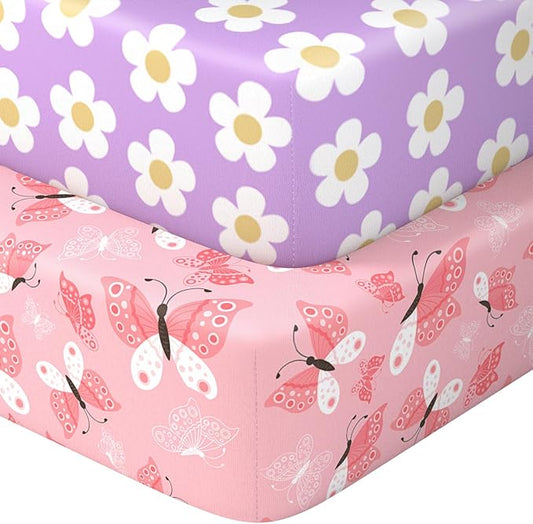 Pack N Play Sheets Fitted, 2-Pack Fit for Standard Pack N Play Mattress, Mini Crib Sheets,Breathable Soft Unisex Playard Sheets (Daisy & Black Butterfly)
