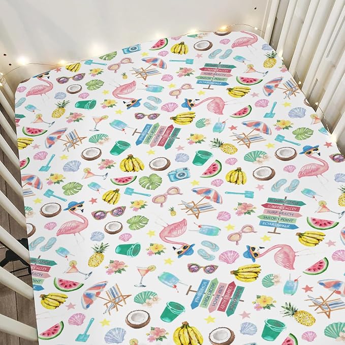 Surf Beach Summer Baby Crib Sheets for Boy Girl 28"x52" Flamingo Tropical Leaves Floral Fruits Soft Stretchy Fitted Crib Mattress Cover Beach Party Vacation Baby Sheet for Crib & Toddler Bed Mattress