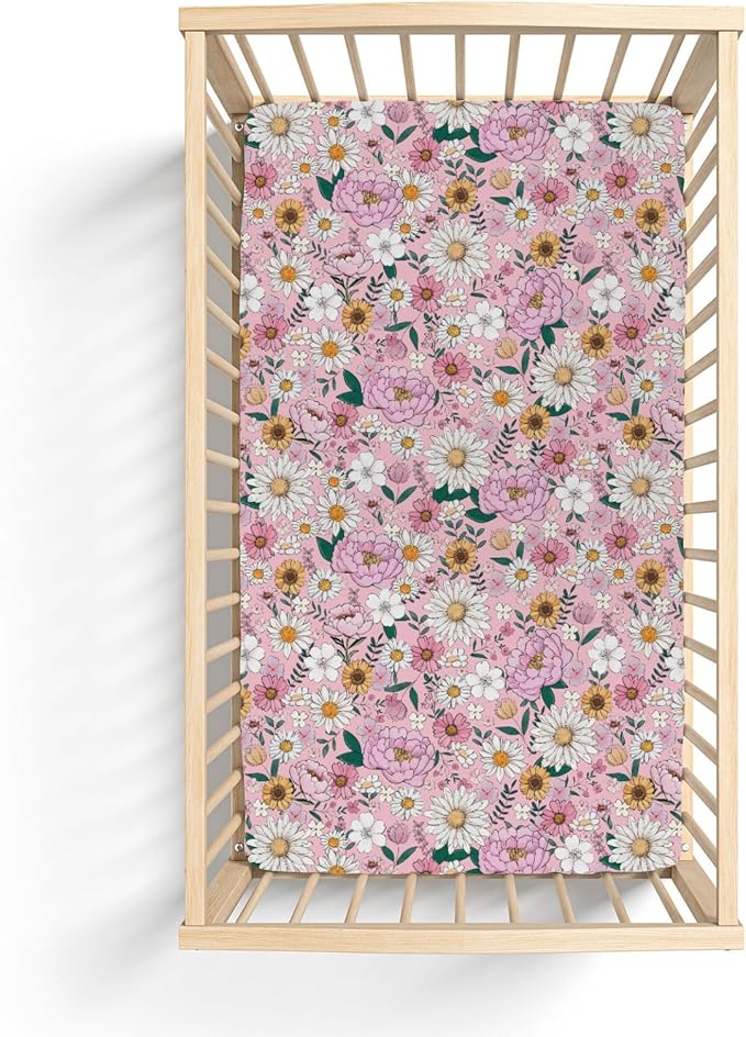 Spring Boho Floral Baby Crib Sheets for Boy Girl 28"x52" Neutral Pink Flowers Leaves Soft Stretchy Fitted Crib Mattress Cover Pastel Peony Daisy Nursery Baby Sheet for Crib & Toddler Bed Mattresses