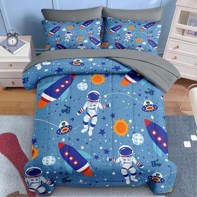 Nesker Comforter Set Toddler Size, Space Moon Astronaut 4 Pcs Bedding for Kids Teens, Science Galaxy Bed Sheet with Pillowcase & Sham