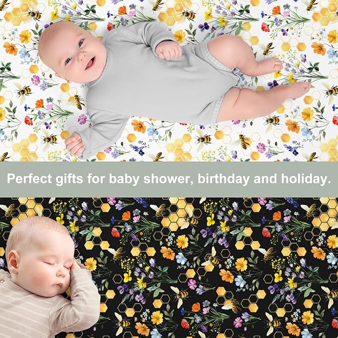 Boho Wildflower Bees Honeycomb Baby Crib Sheets for Boy Girl 52x28Inch Watercolor Honeybee Floral Soft Snug Fitted Crib Mattress Cover Summer Baby Sheet for Standard Crib & Toddler Mattress 2 Pack