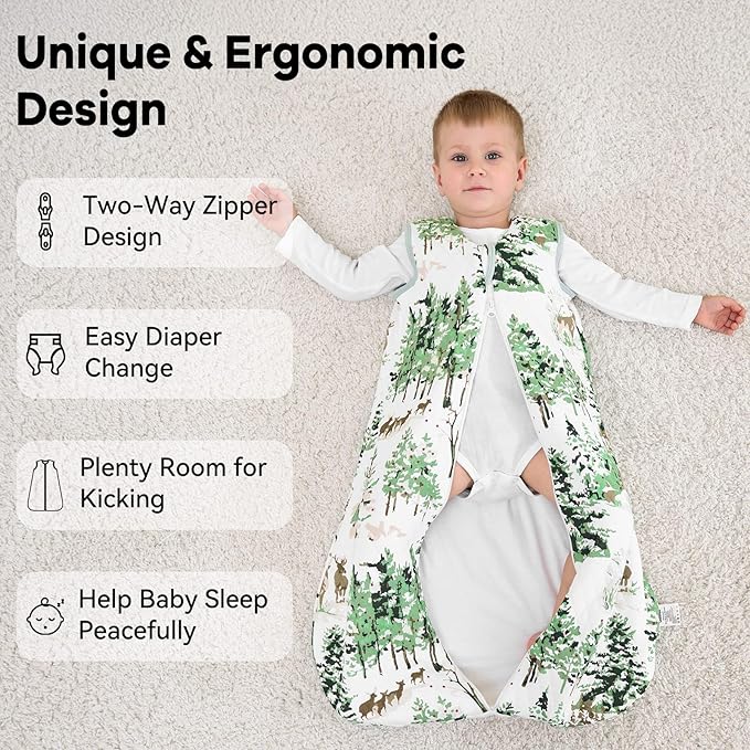 Baby Sleep Sack 6-12 Months 1.5 Tog Baby Wearable Blanket 100% Cotton Fabric Warm Sleeping sack with 2-Way Zipper Quilted for Infant Newborn Tog Green Pine