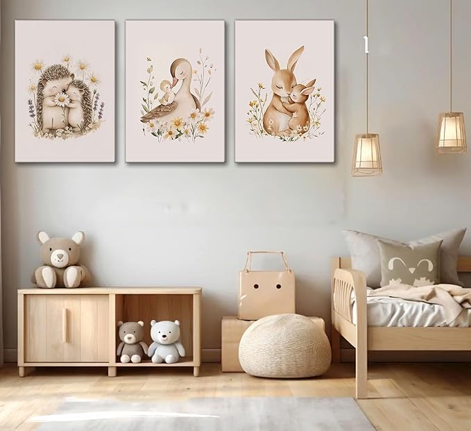3 Pcs Animal Nursery Canvas Wall Art Watercolor Baby Animals with Wildflowers Painting Picture Wall Decor Cute Rabbit Hedgehog Duck Nursery Paintings Artwork for Kids, Baby Room Home Decoration