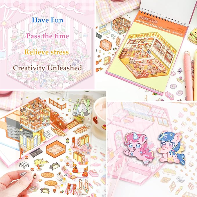 Scene Sticker Book for Kids, 20 Sets of 3D Sticker Scenes for Adults Fun Mini Cute Kawaii Stickers Therapy 3D Scenes Stickers Set Relief Stress Pass The Time, Holiday & Christmas Fun