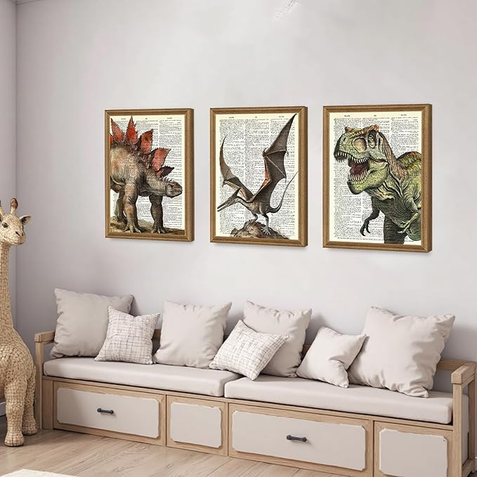 Ovczax 3 Pieces Dinosaur Wall Art - Dinosaur Room Decor, Tyrannosaurus Rex, Pterodactyl, Stegosaurus Canvas Wall Art Poster 16" x 12" With Framed