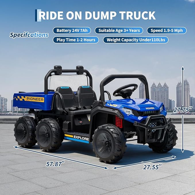 24V 4WD Electric Ride-on Dump Truck for Kids, 2-Seater with Parental Remote Control, 3 Speeds, All-Terrain Off-Road Toy Car for Boys Girls, Blue