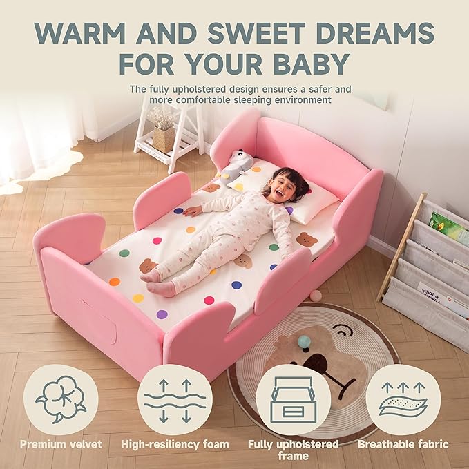 Toddler Floor Bed Frame with Removable Safety Rails and Storage Bag, Kids Bed for Girl and Boys, Standard Crib Size Portable Beds, Safety Upholstered Child Beds, Low to Floor Design
