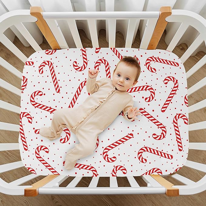 Christmas Candy Cane Crib Sheets Soft Breathable Fitted Baby Crib Sheets Mattress Cover for Boy Girls, 52" x 28" x 9"