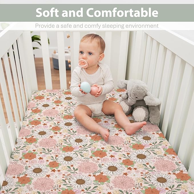 Boho Floral Print Baby Crib Sheets for Boy Girl 52x28Inch Neutral Flowers Soft Stnug Fitted Crib Mattress Cover Wildflower Garden Spring Summer Nursery Baby Sheet for Crib and Toddler Bed Mattresses