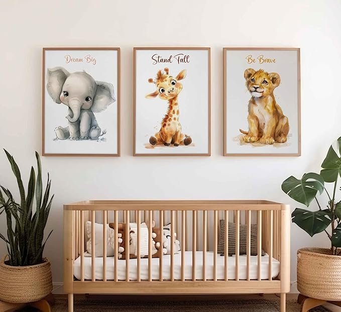 3 Pcs Safari Nursery Canvas Wall Art Kids Cute Inspirational Animal Lion Giraffe Elephant Painting Picture Wall Decor Poster Print Artwork for Baby Boys and Girls Room Home Decoration Unframed