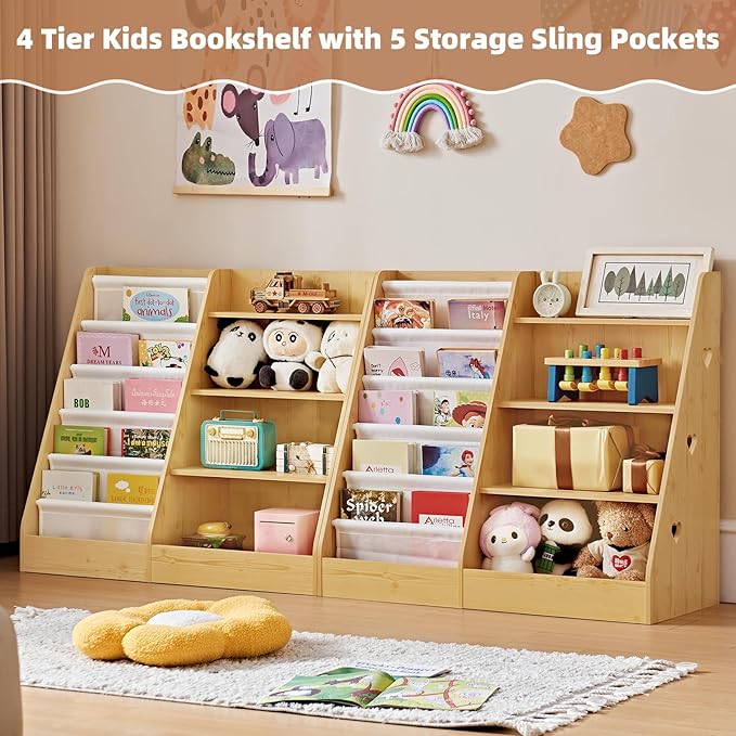Lerliuo 4 Tier Kids Bookshelf and Storage Organizer, Five Layer Sling Children Bookcase, Baby Toddler Wooden Book Shelf, Display Cabinet for Playroom, Bedroom, Classroom, Nursery, School (Natural)