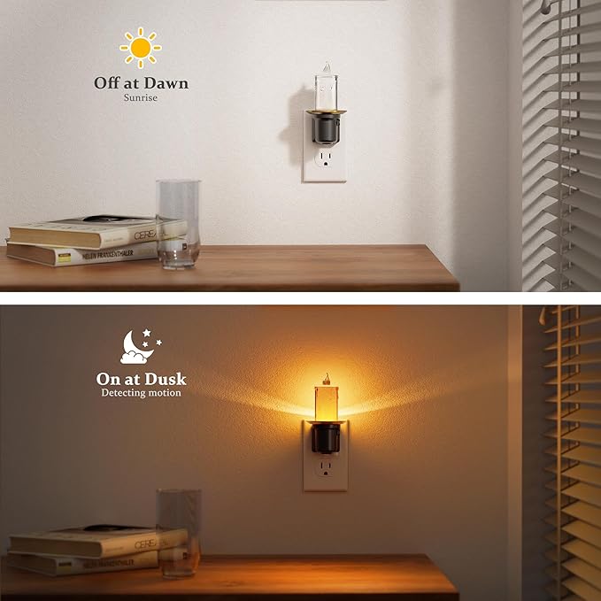 JandCase Night Lights Plug into Wall, 2 Pack Flameless Candle Night Light, 2000K Amber, Dusk to Dawn Sensor Nightlight, 0-100LM Dimmable Nightlight for Dinning Room, Living Room, Bathroom, Hallway