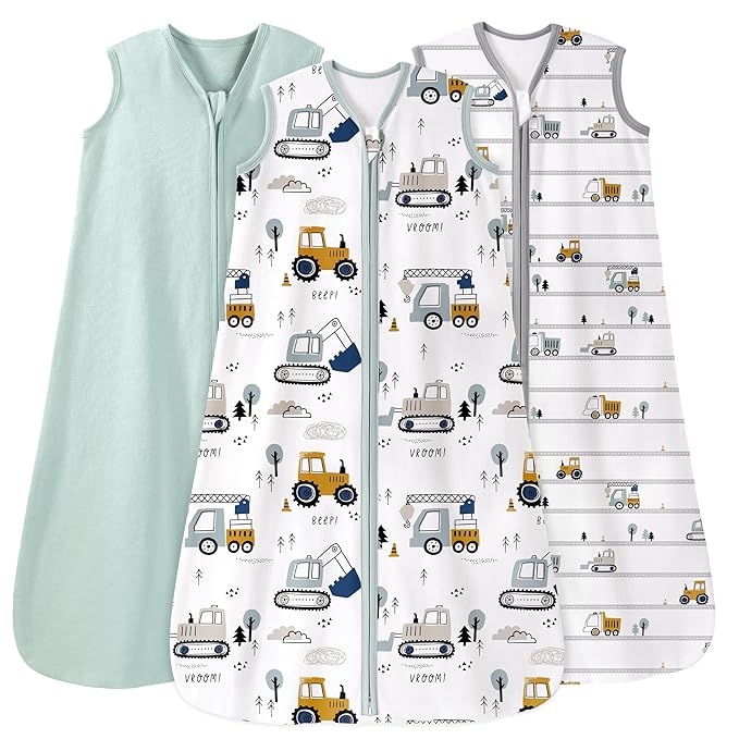Baby Sleep Sack 0-6 Months 0.5 Tog Wearable Blanket Baby, 3 Pack 100% Cotton Lightweight Sleeping Sack with 2-Way Zipper for Newborn Infant Excavator