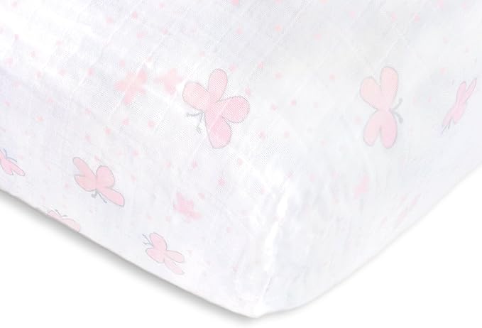 SwaddleDesigns Softest Cotton Muslin Fitted Crib Sheet, Toddler Sheet for Boys & Girls, Fits Standard Crib Mattress (28 x 52 inches), Pink Butterflies