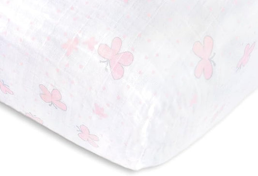 SwaddleDesigns Softest Cotton Muslin Fitted Crib Sheet, Toddler Sheet for Boys & Girls, Fits Standard Crib Mattress (28 x 52 inches), Pink Butterflies