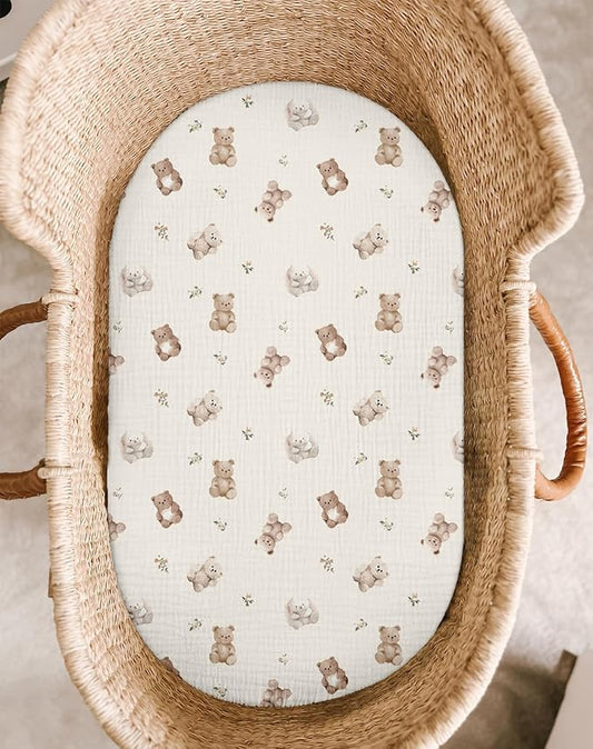 Bassinet Sheet for Baby Boy and Girl 2 Pack, Fitted Sheets for Rectangle, Oval, Hourglass Bassinet Mattress, Muslin Moses Basket Sheets with Neutral Style (Teddy & Friends)