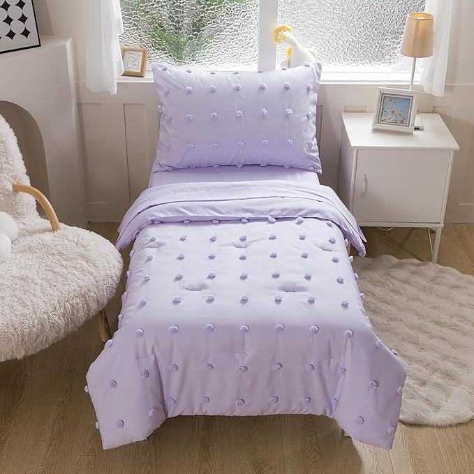 Caressma Lavender 4 Pieces Toddler Bedding Set - Lovely Pom Pom Tufted Comforter Set for Girls - Includes Purple Comforter, Fitted Sheet, Flat Sheet & Pillow Case