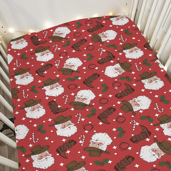 Red Cowboy Santa Christmas Baby Crib Sheets for Boy Girl 52x28Inch Western Santa Hat Boots Fir Leaves Soft Snug Fitted Crib Mattress Cover Wild West Baby Sheet for Standard Crib & Toddler Mattress