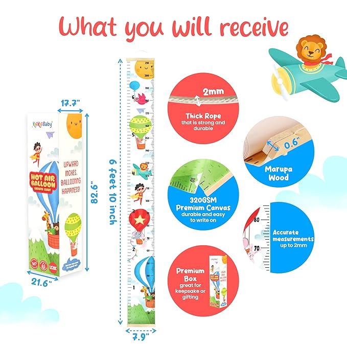 KooKooBaby Kids Growth Chart for Wall - 82"x7.9" Premium Canvas Removable Height Chart for Kids Height Measurement for Wall, Height Chart Measuring for Kids & Baby, Child Height Wall Chart