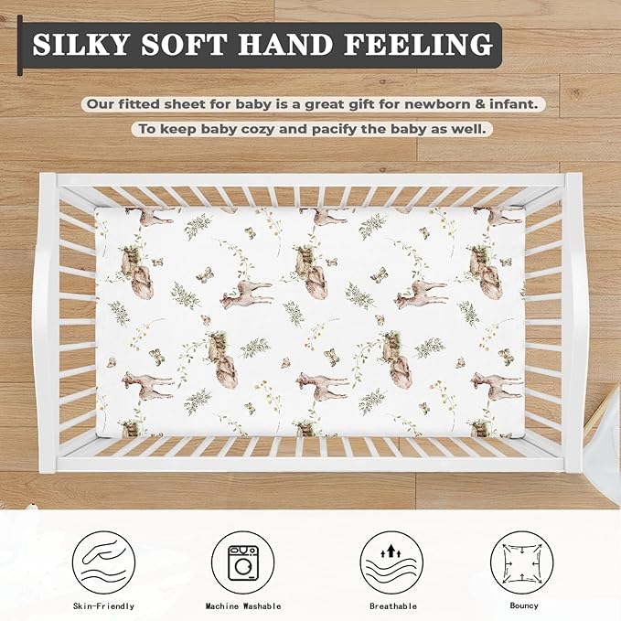 Cute Baby Animals in Wild Fitted Crib Sheet Sika Deer Baby Crib Sheet Fit Standard Crib and Toddler Mattress,Crib Mattress Sheets for Boys Girls 28"x52"