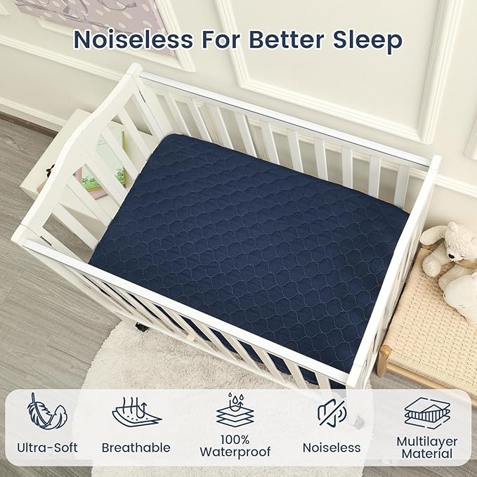 david's kids 2 Pack 38''x25'' Waterproof Mini Crib Mattress Protector, Fitted Pack N Play, Playard and Mini Crib Mattresses, Soft Breathable Pad Cover for Boys Girls Neutral, Navy Blue & Sage Green