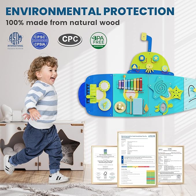 BlueWood Wooden Wall Busy Board Panels, Toddler Learning Activity Center, Montessori Philosophy Sensory, Educational Toys, Conducive to All-Round Development - Submarine